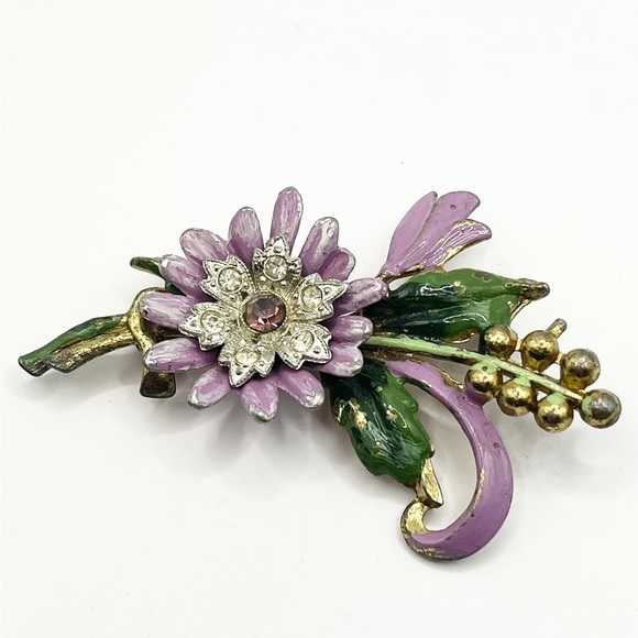 Estate Art Deco Enamel Flower Rhinestone Brooch Pin